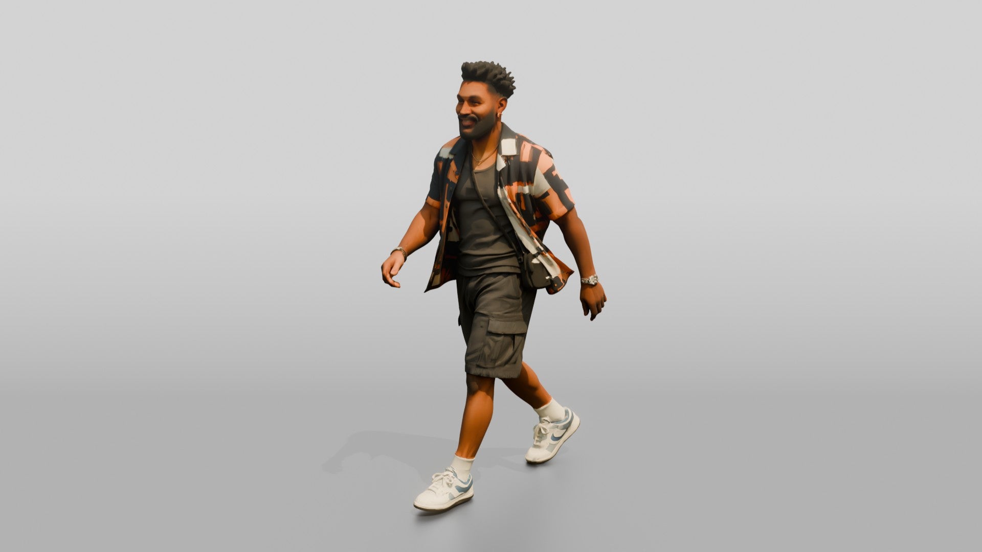 African-American Man Walking Dynamically in Patterned Shirt