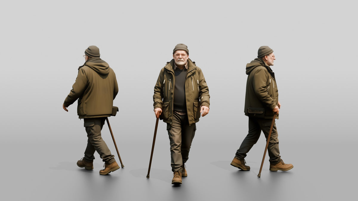Elderly White Man Walking Slowly in Waterproof Jacket - 3D character model