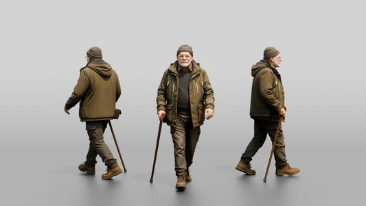 Elderly White Man Walking Slowly in Waterproof Jacket