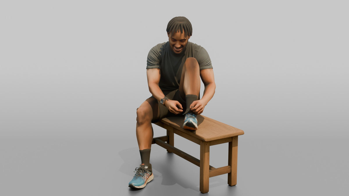 Man Customer Sitting On A Bench Trying On Running Shoes - 3D character model, view 4