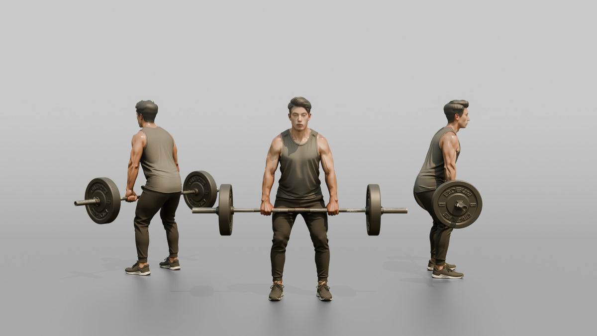 Weightlifter Man Mid-rep On A Barbell Deadlift - 3D character model, view 1