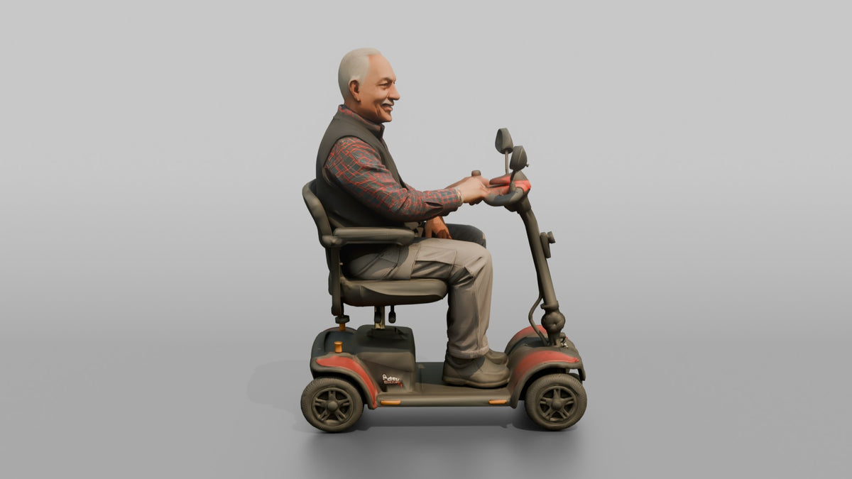 Man Customer Sitting In A Mobility Scooter - 3D character model, view 2