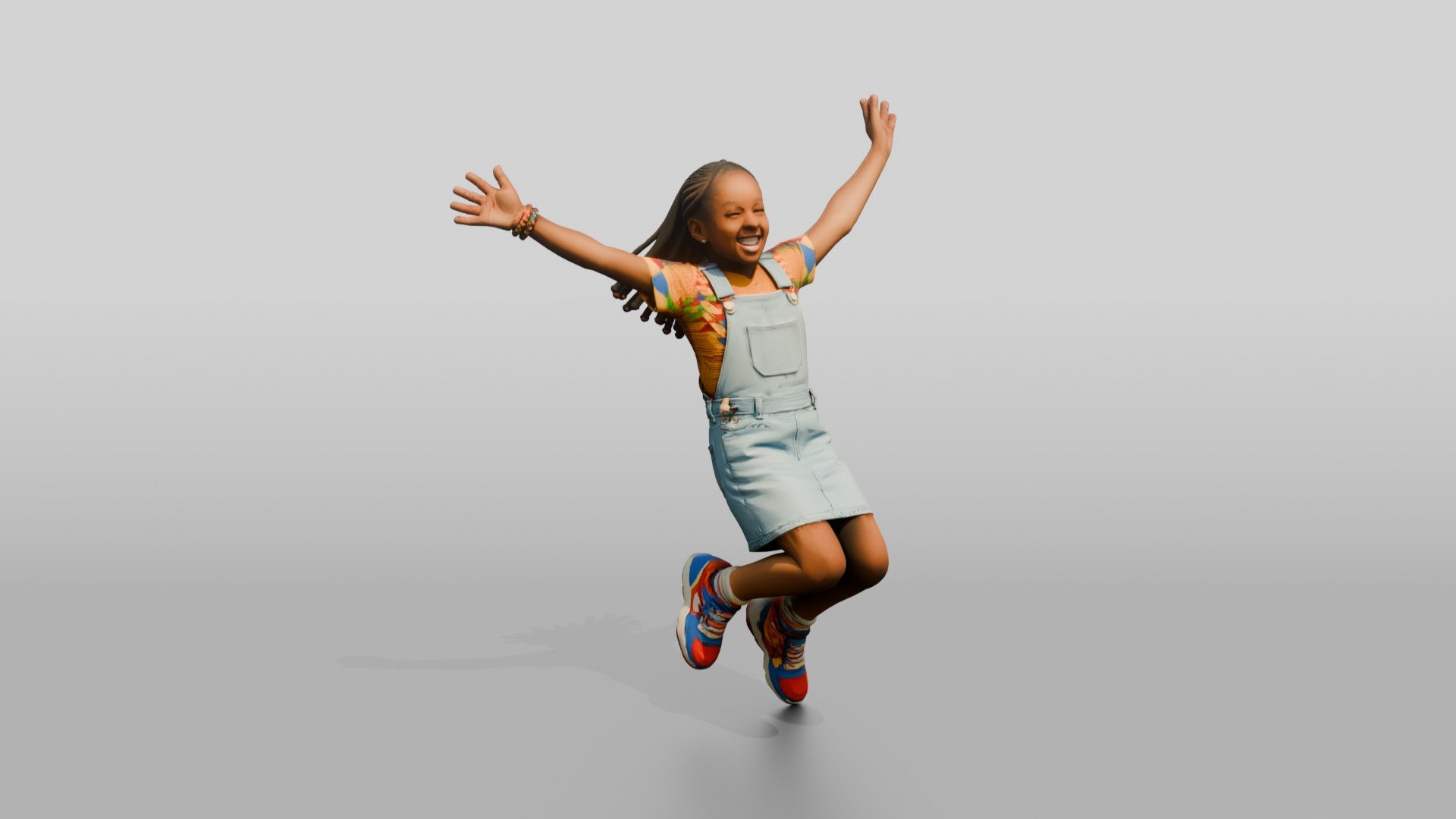 African Girl Jumping Excitedly in a Denim Overall Dress