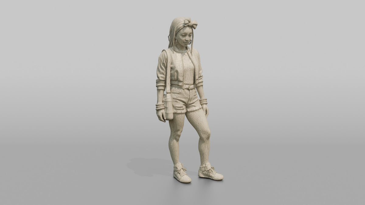 African Woman in Print Crop Sweater and Denim Shorts - wireframe topology preview
