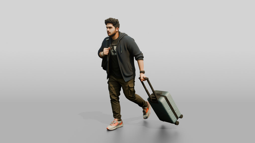 Plus-Size Man Running Through Airport Pulling Rolling Suitcase