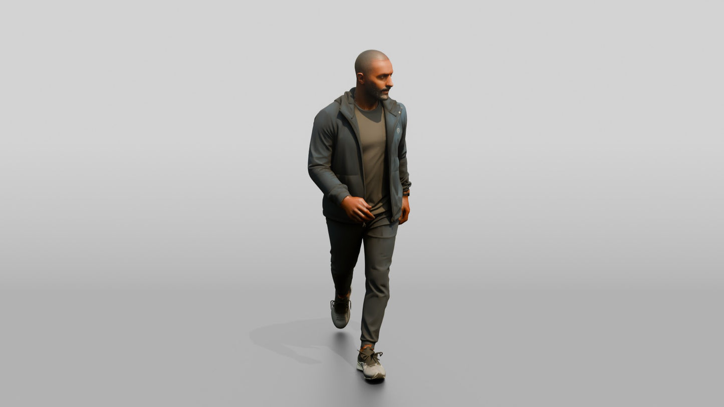Black Man in Navy Windbreaker Walking Quickly