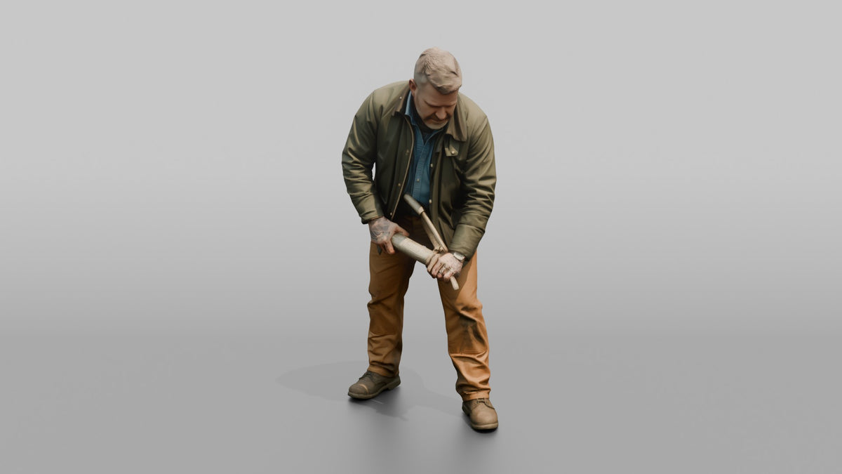 Farmer Holding Grease Gun Servicing Pivot Joint - 3D character model, view 4