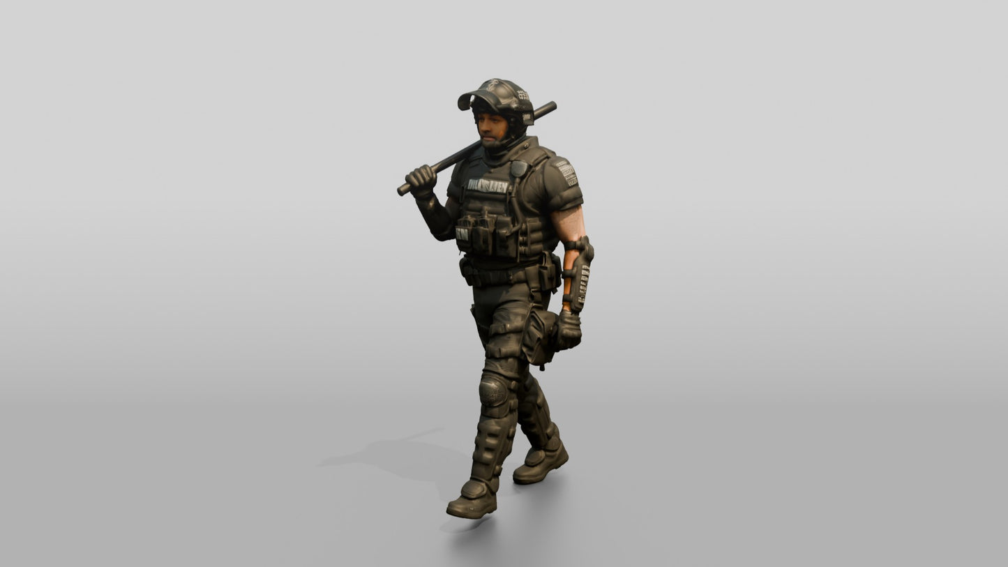 Riot Police Officer Walking with Baton