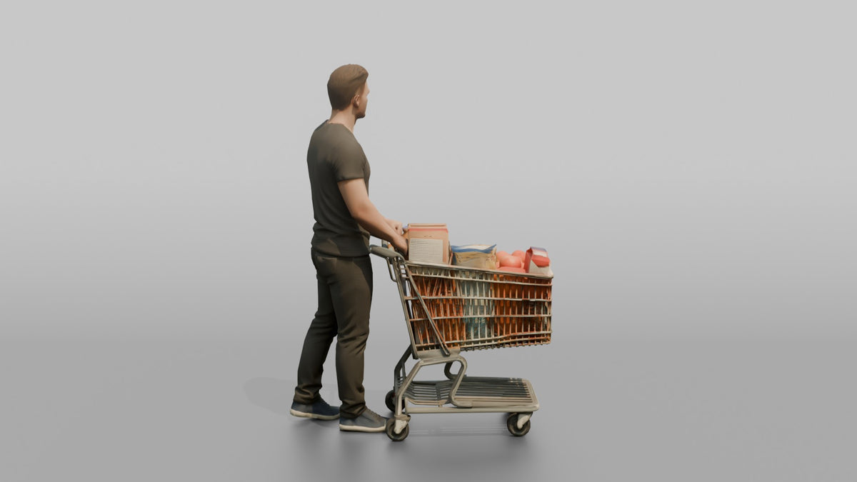 Man Customer Standing With A Shopping Cart Full Of Items - 3D character model, view 3