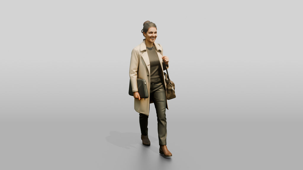 Woman in Beige Trench Coat Walking with Handbag and Briefcase