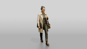 Woman in Beige Trench Coat Walking with Handbag and Briefcase - 3D character model, view 1