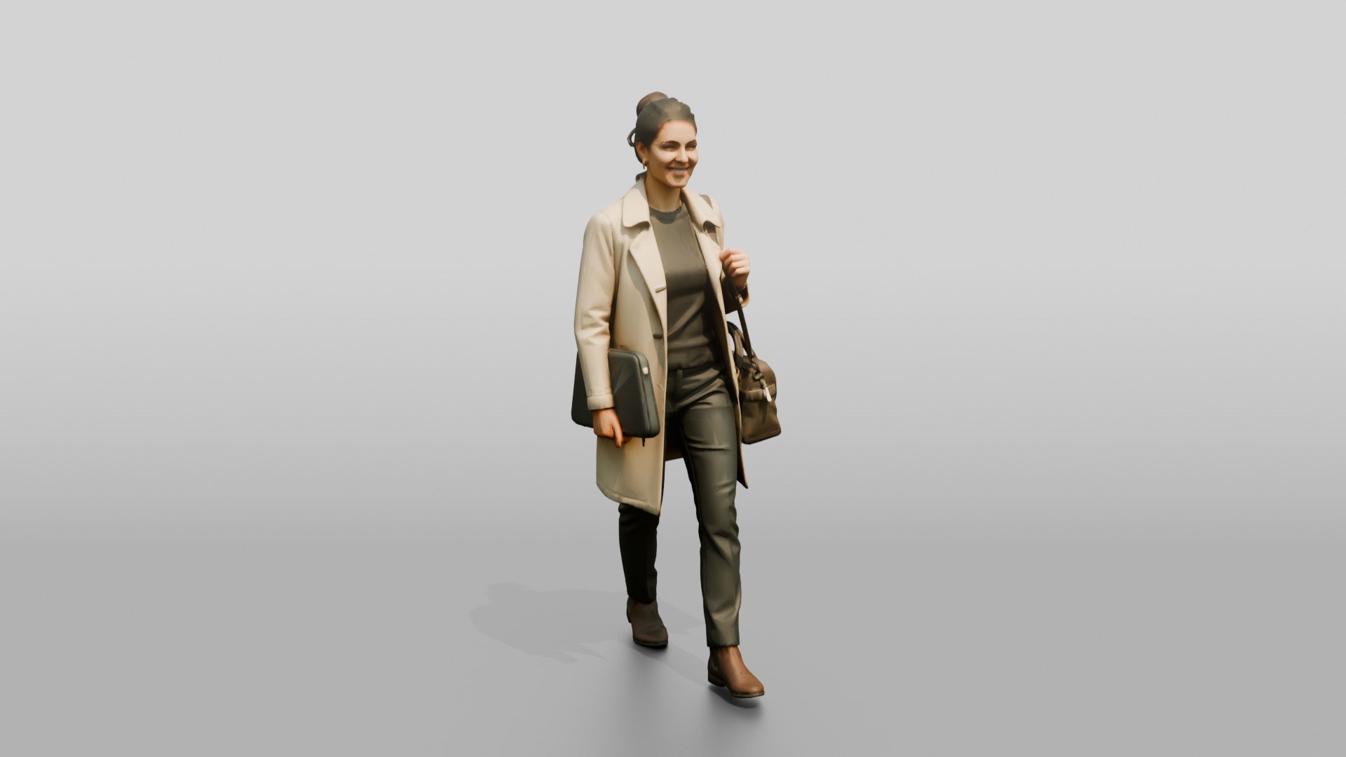Woman in Beige Trench Coat Walking with Handbag and Briefcase