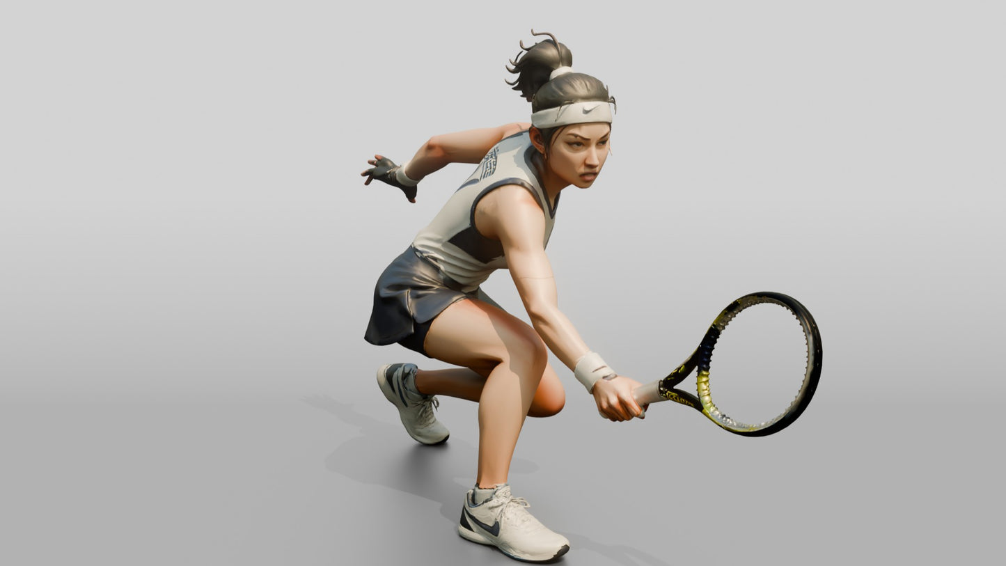 Female Tennis Player Crouched with Racket Extended