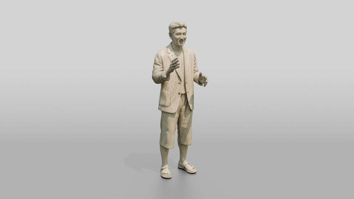 Man Gesturing in Summer Blazer and Shorts - wireframe topology preview
