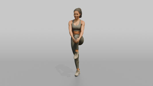 Fitness Influencer Woman Doing A Standing Knee-to-chest Stretch - 3D character model