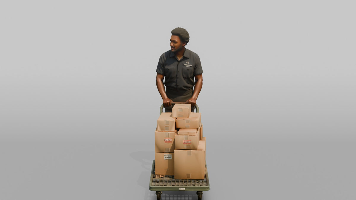 Man Stock Clerk Pushing A Flatbed Cart Loaded With Boxes - 3D character model, view 4