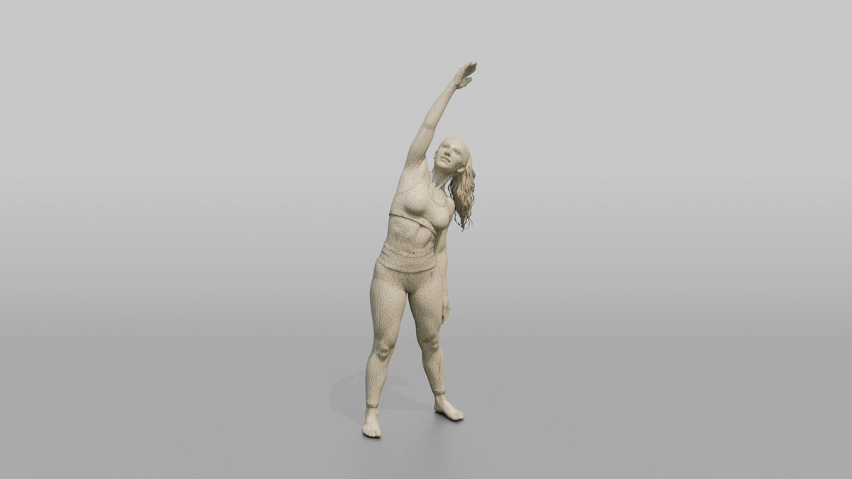 Fitness Influencer Woman Doing A Standing Side Stretch, One Arm Overhead - wireframe topology preview
