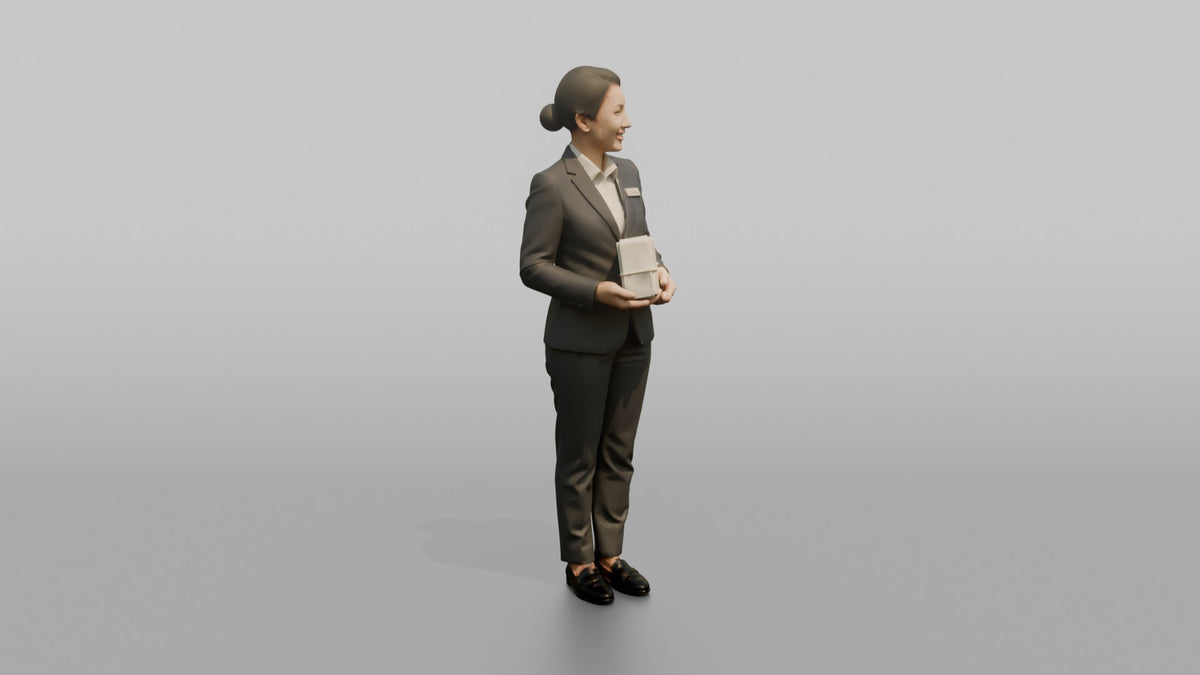Receptionist Man Holding A Stack Of Registration Cards - 3D character model, view 2
