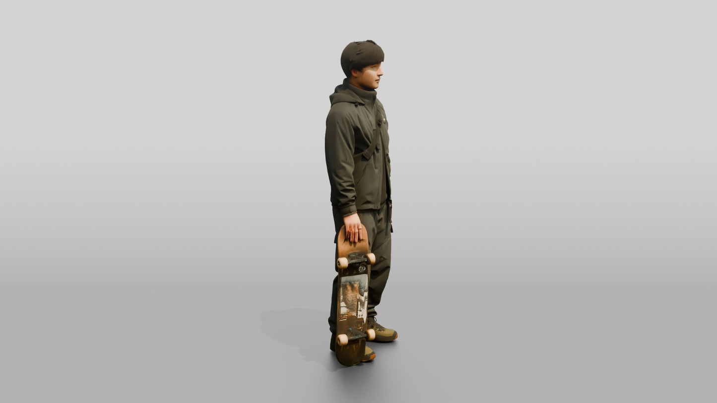 Skater Man in Technical Jacket with Skateboard