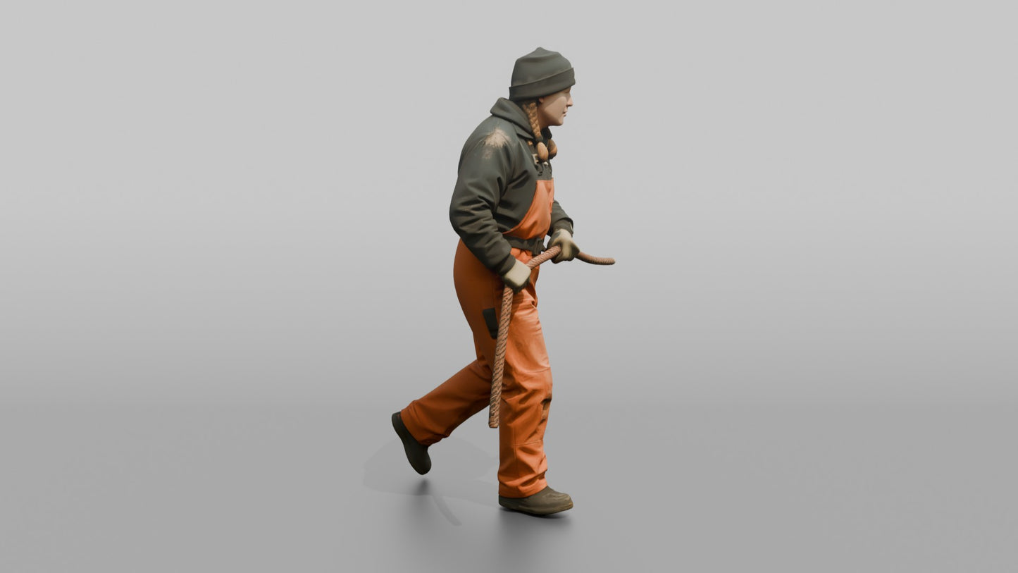 Deckhand Hauling a Fender Toward the Railing