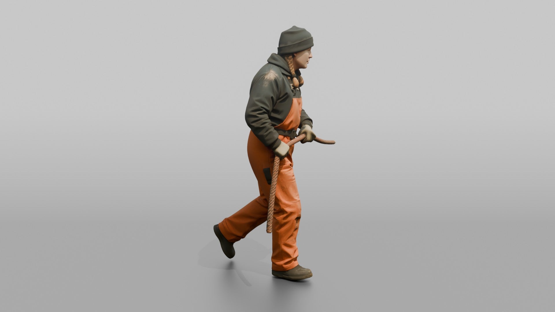 Deckhand Hauling a Fender Toward the Railing