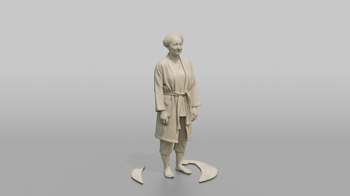 Spa Client Woman Standing Barefoot On A Mat, Arms At Sides, Calm Expression - wireframe topology preview
