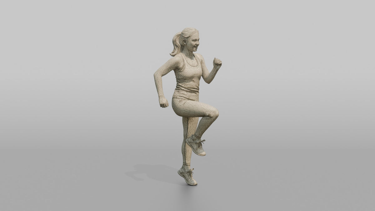 Cardio Athlete Woman Jogging In Place, Arms Bent - wireframe topology preview