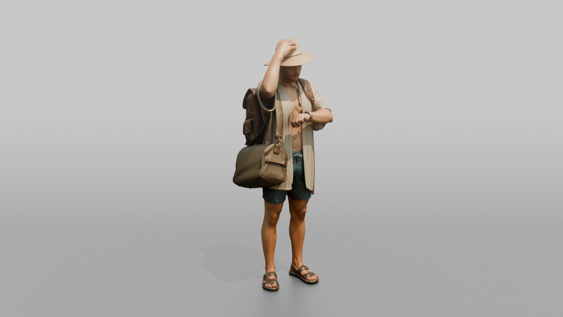 Traveler Adjusting His Sun Hat