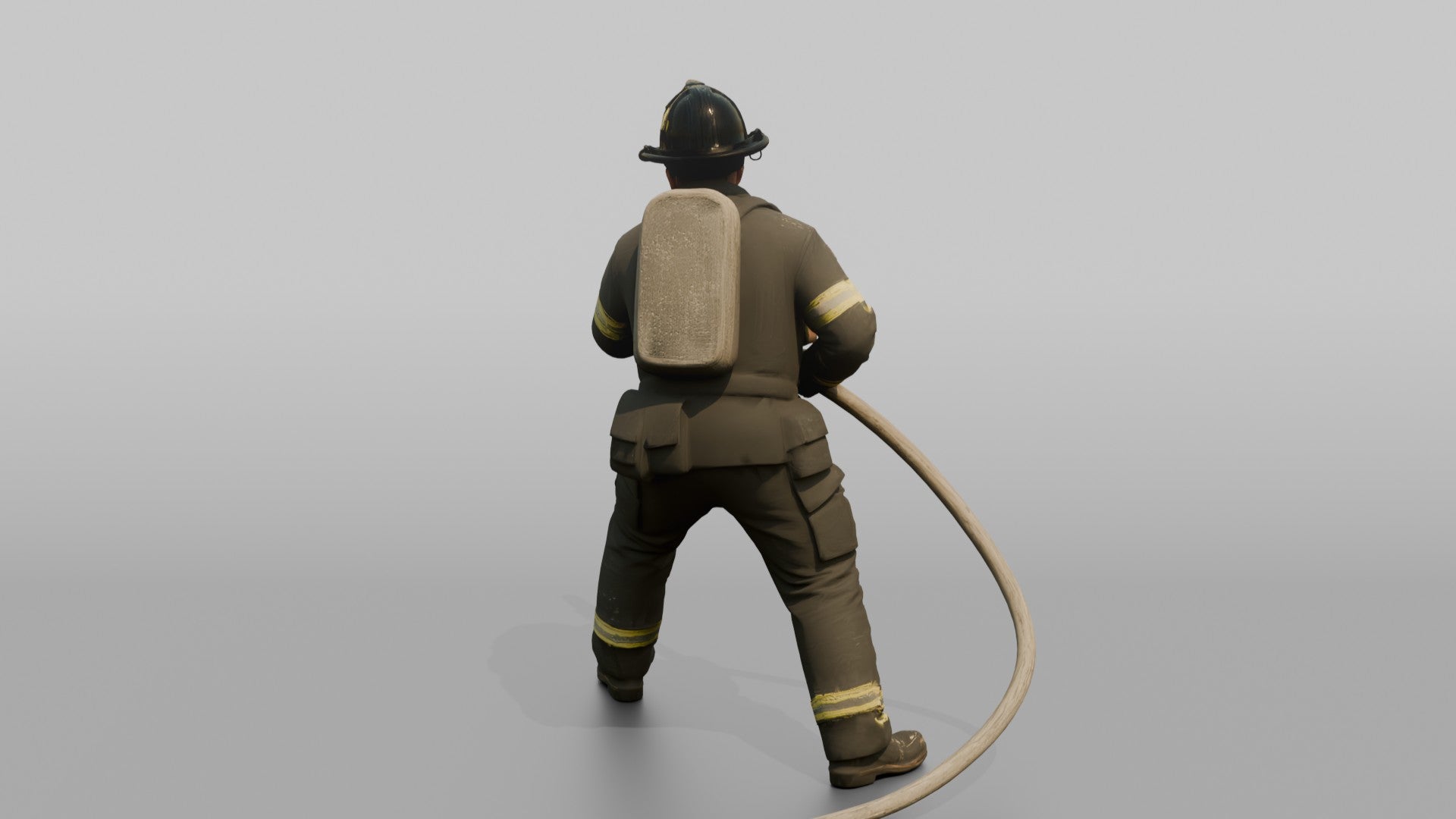Firefighter Man Bracing Himself While Holding a Pressurized Fire Hose