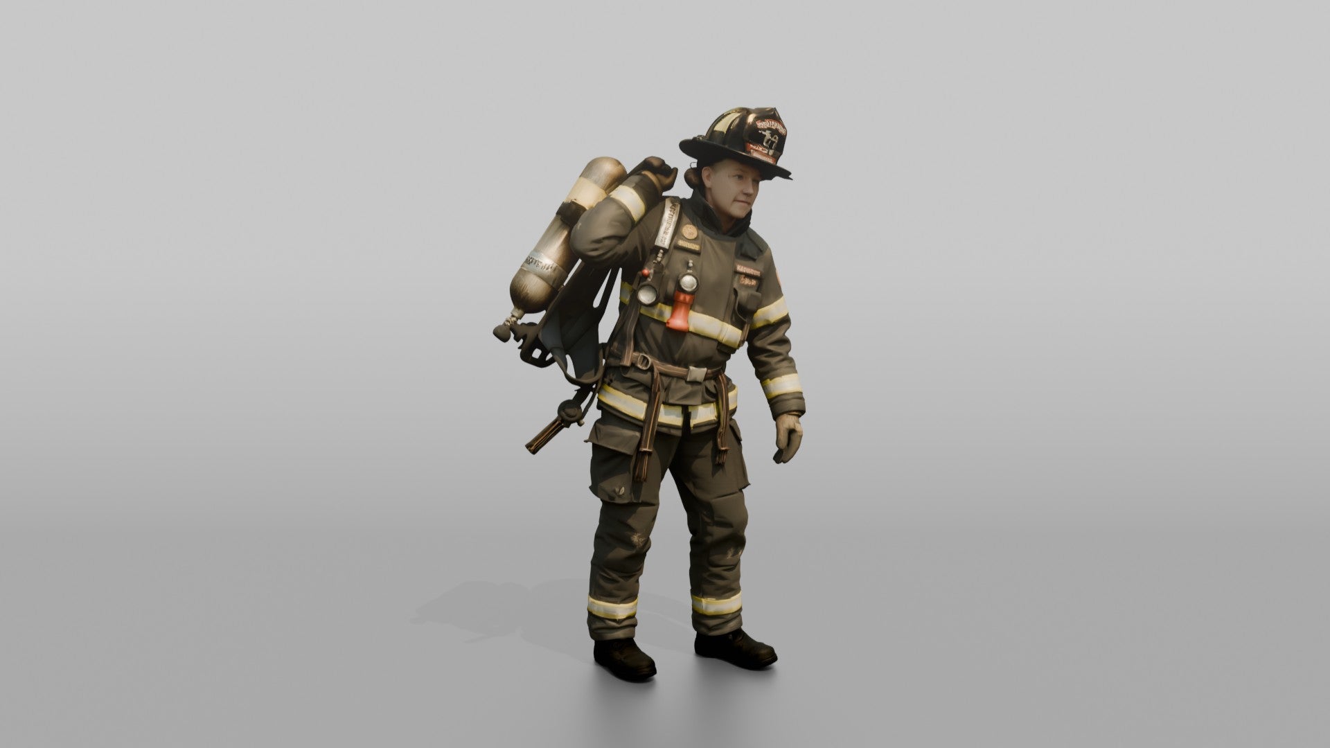Firefighter Woman Slinging an SCBA Tank Harness Over One Shoulder