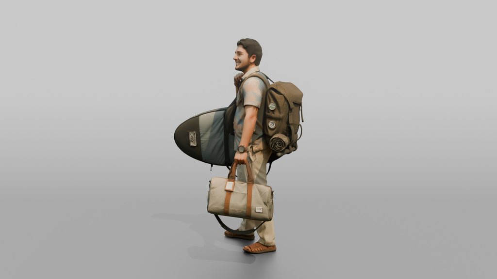 Traveler Carrying A Surfboard And Backpack