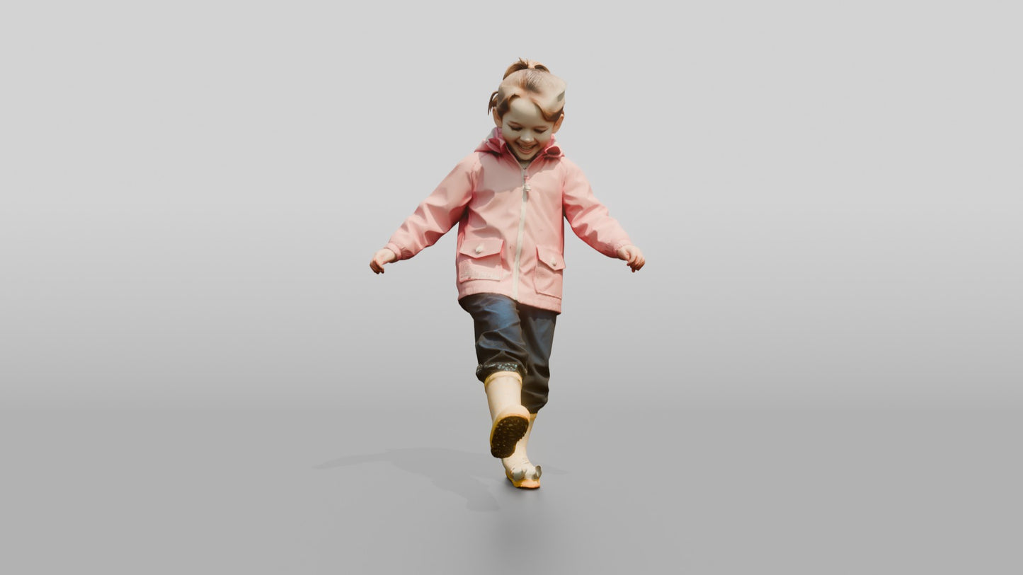 White Girl in Pink Raincoat Splashing in Puddle