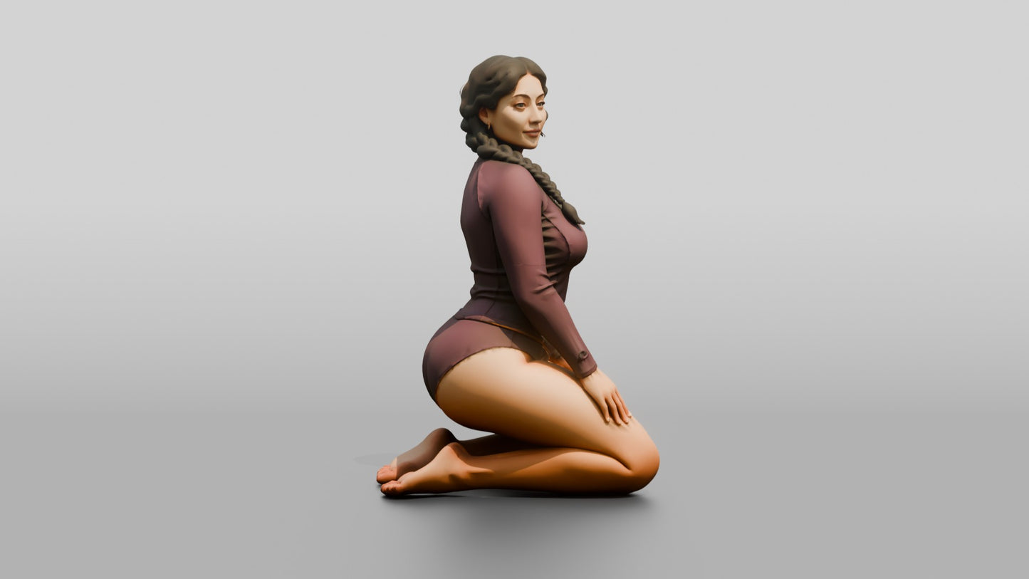 Curvy Woman in Burgundy Rash Guard Kneeling