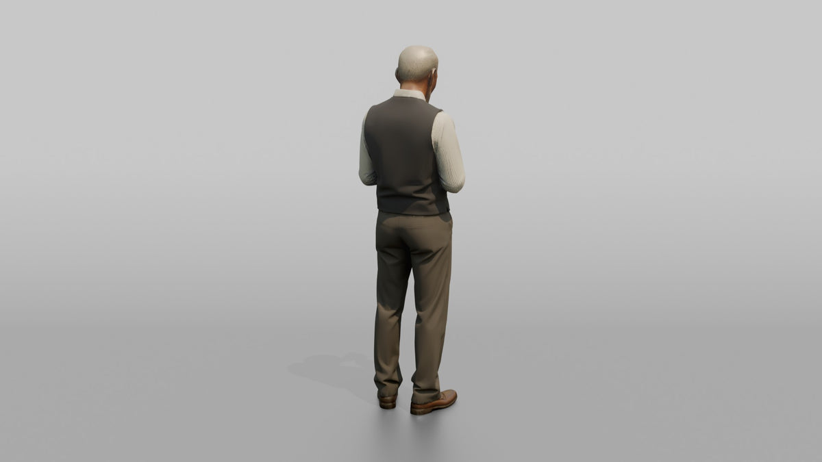 Grandfather Holding A Pocket Watch, Checking The Time - 3D character model, view 3