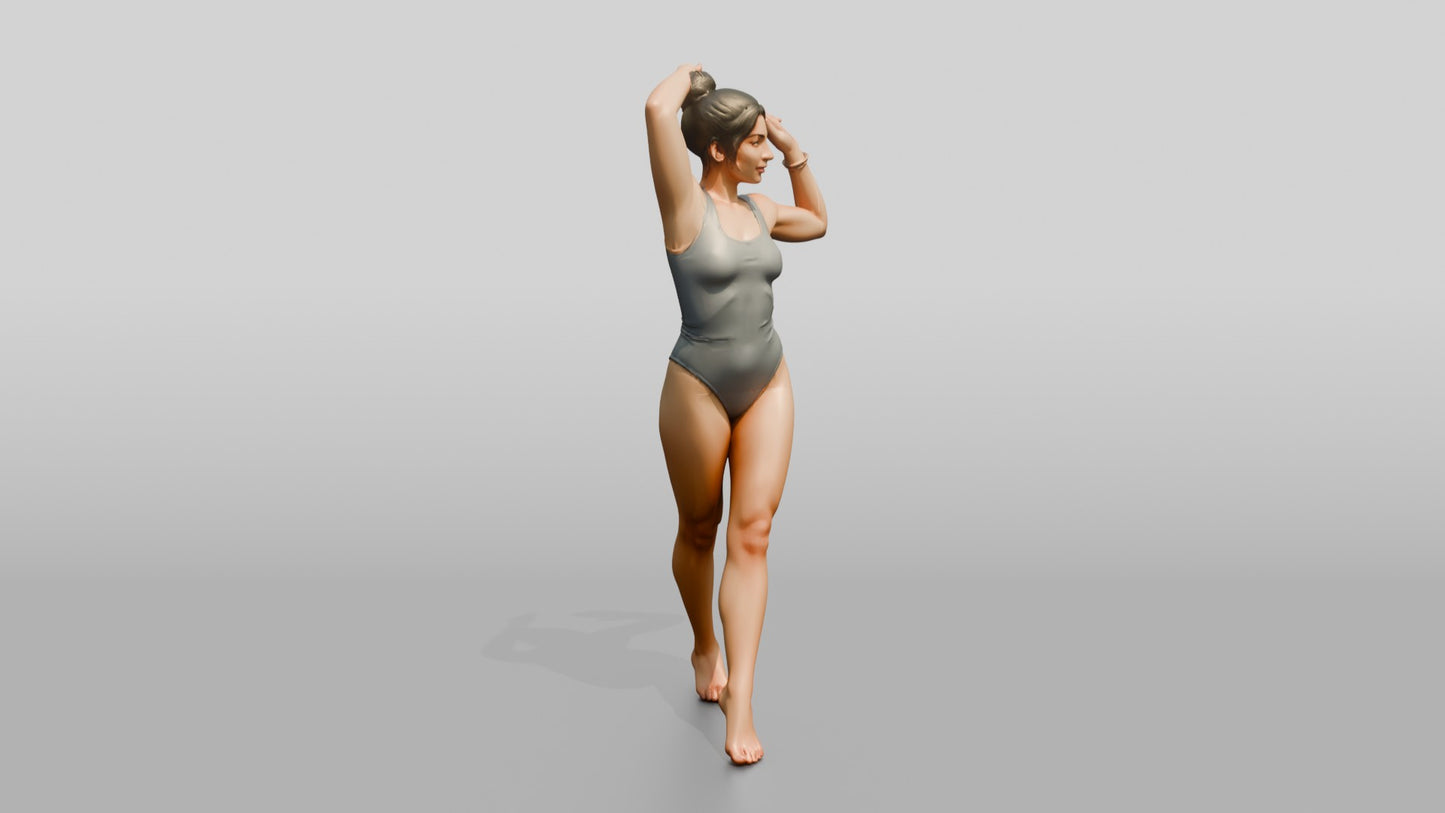 Woman in Grey One-Piece Swimsuit Posing Arms Raised