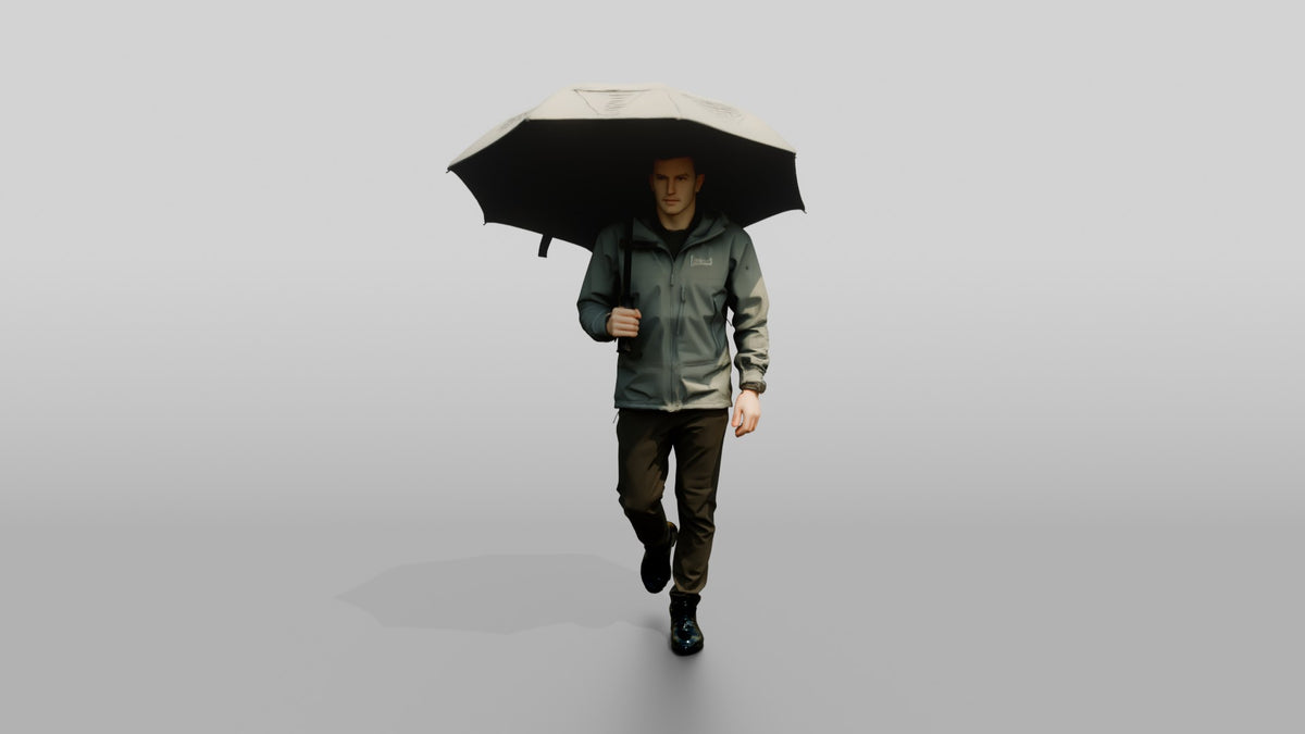 White Man in Grey Shell Jacket with Umbrella - 3D character model, view 5