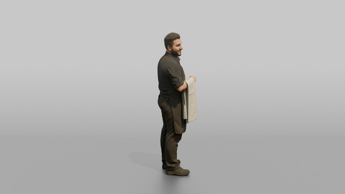Server Man Draping A Table Cloth Over One Arm - 3D character model, view 2
