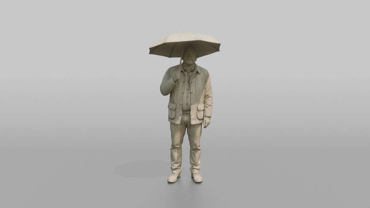 Father Holding An Umbrella Overhead, Looking Up At The Sky - wireframe topology preview