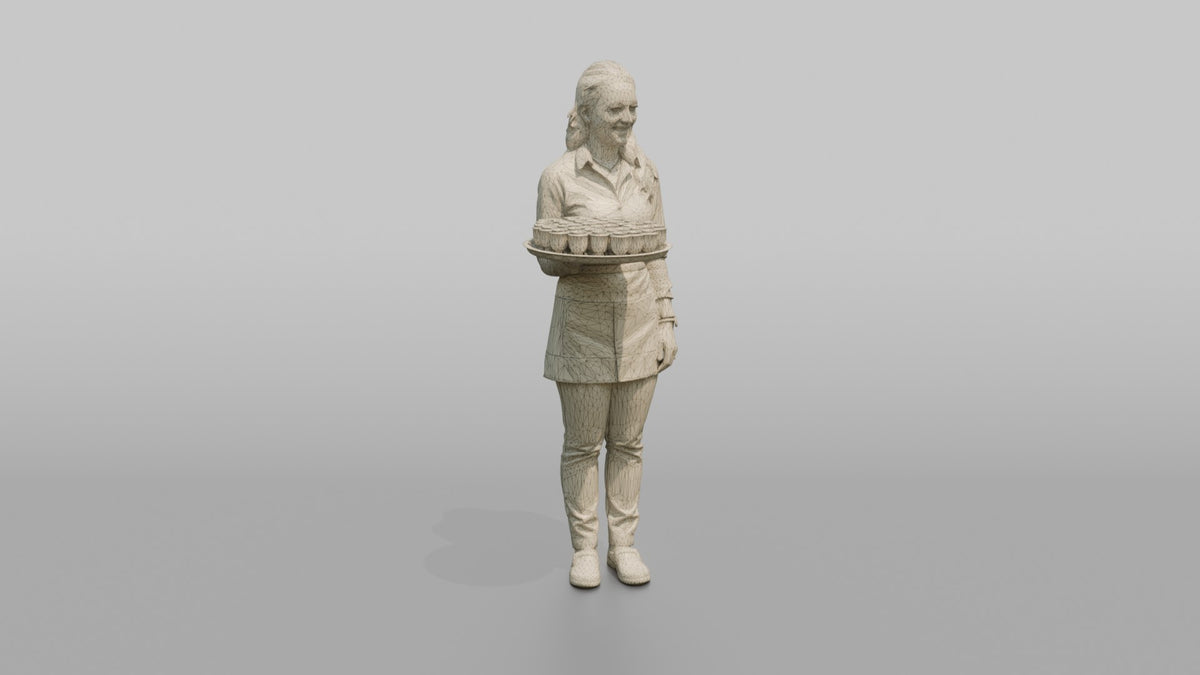 Cocktail Server Woman Carrying A Tray Of Shot Glasses - wireframe topology preview
