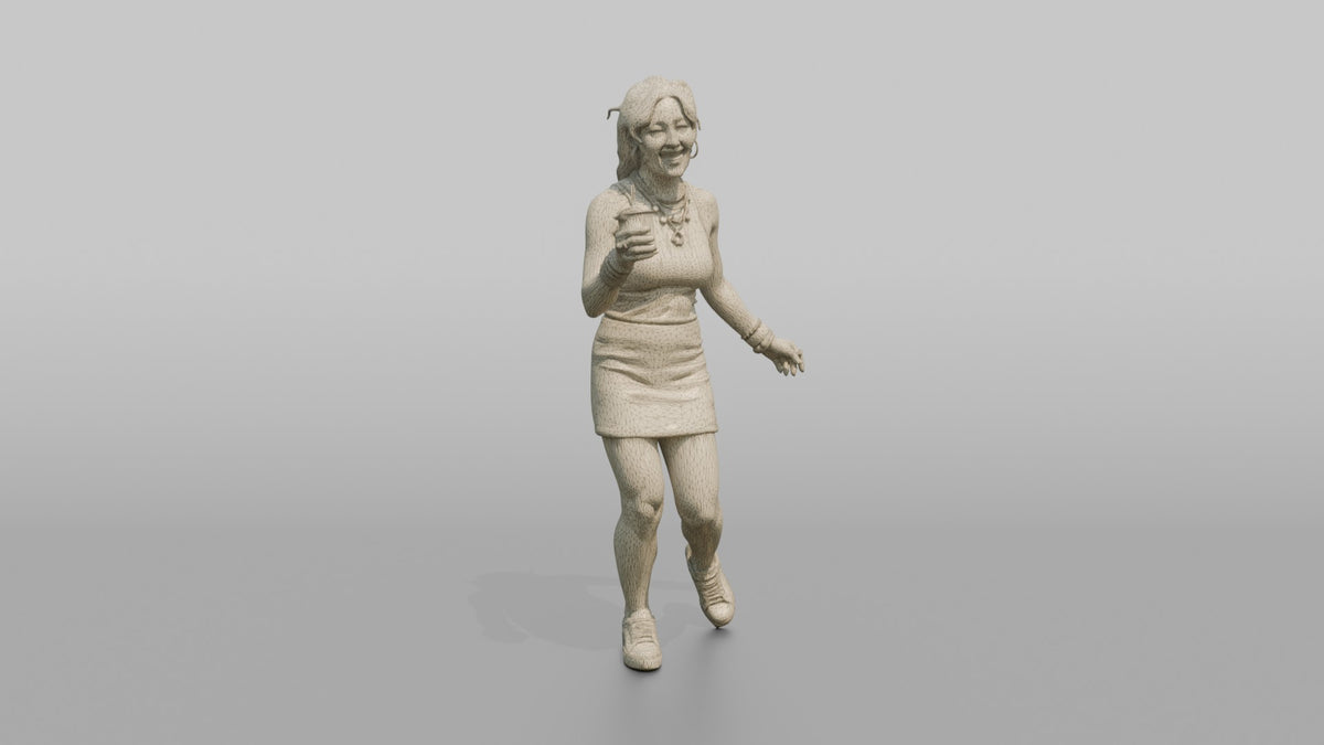 Patron Woman Wearing Chunky Colorful Jewelry, Dancing With A Drink In Hand - wireframe topology preview