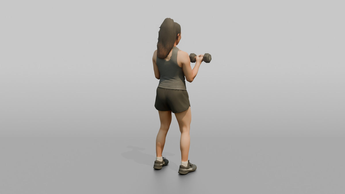 Weightlifter Woman Curling A Pair Of Dumbbells Simultaneously - 3D character model, view 3