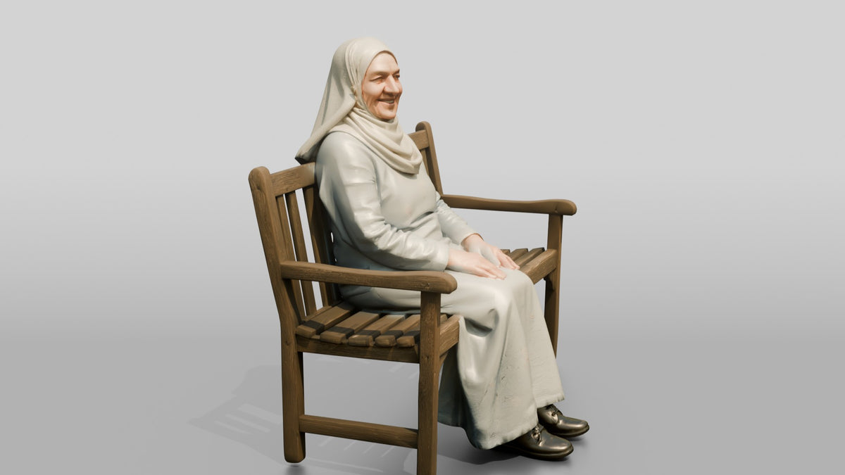 Elderly Iraqi Woman in Hijab Smiling on a Bench - 3D character model, view 2