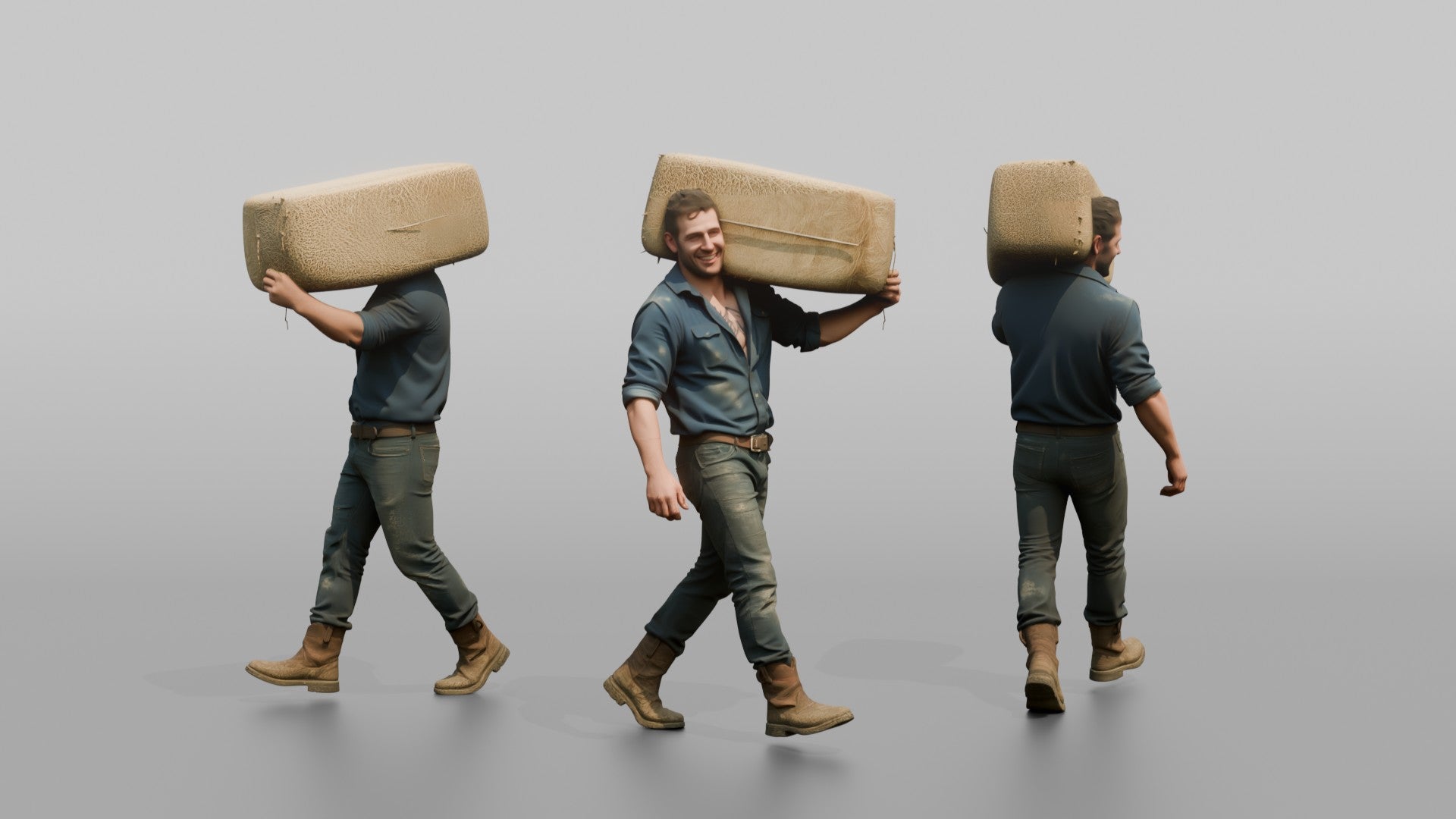 Farmer Carrying Large Bale Of Hay Over