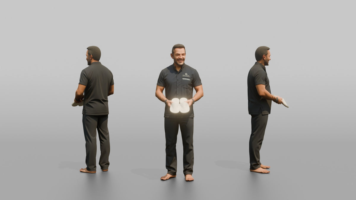 Spa Attendant Man Holding A Pair Of Spa Slippers - 3D character model, view 1