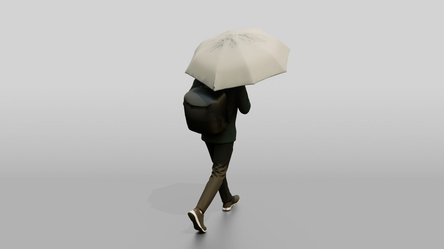 East Asian Man in Green Rain Jacket with Umbrella