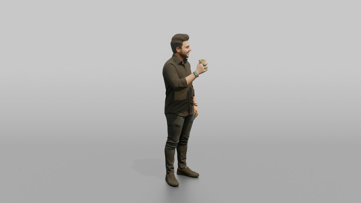 Patron Man Wearing Chunky Colorful Rings, Holding A Drink Up - 3D character model, view 2