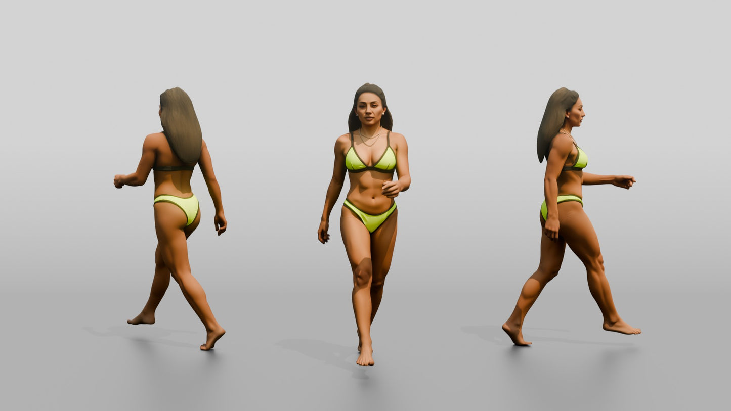 Latina Woman in Neon Yellow Bikini Beach Stride
