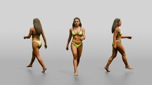 Latina Woman in Neon Yellow Bikini Beach Stride