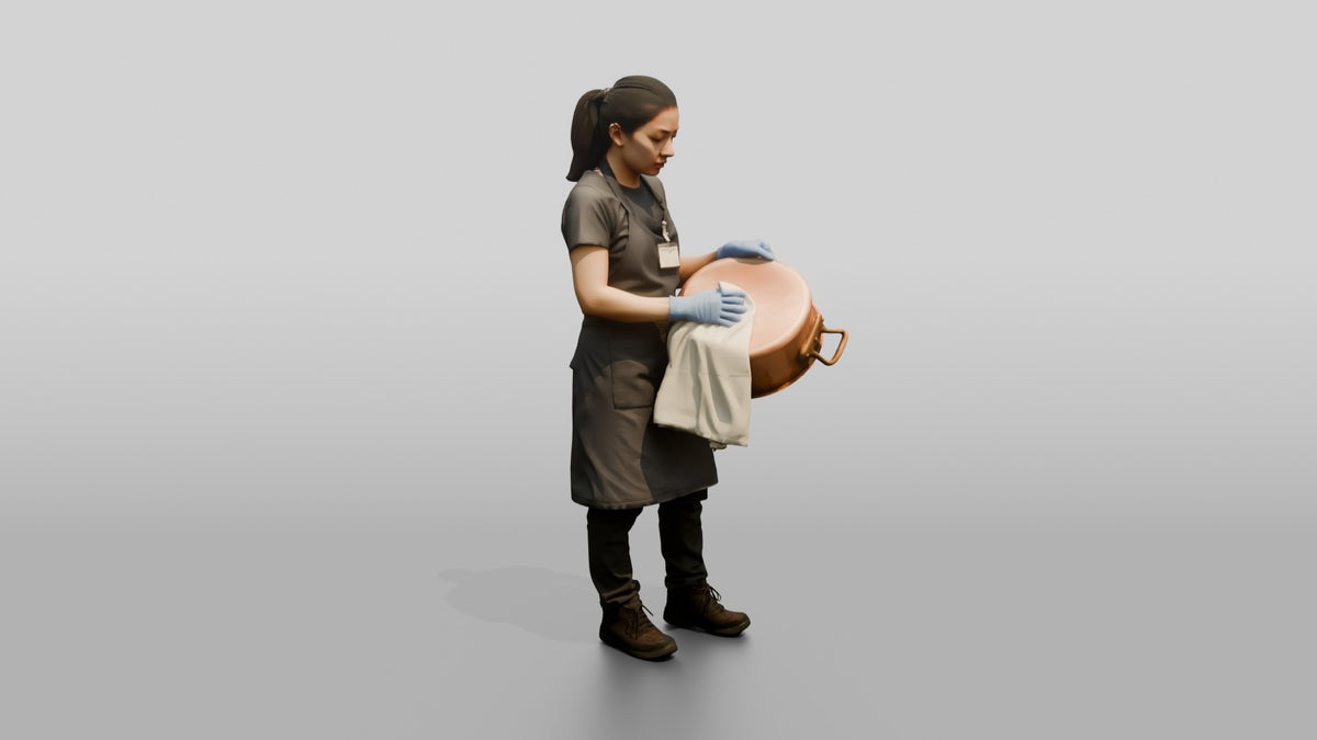 Dishwasher Drying a Copper Pan - 3D character model, view 1