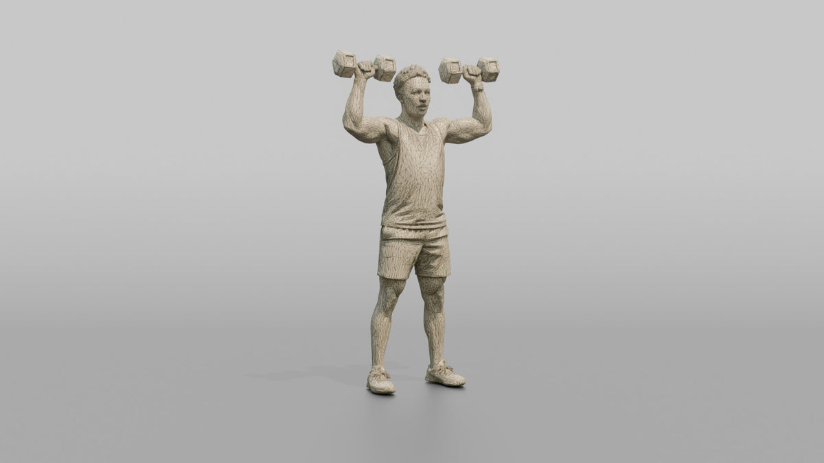 Weightlifter Man Doing A Dumbbell Shoulder Press - wireframe topology preview